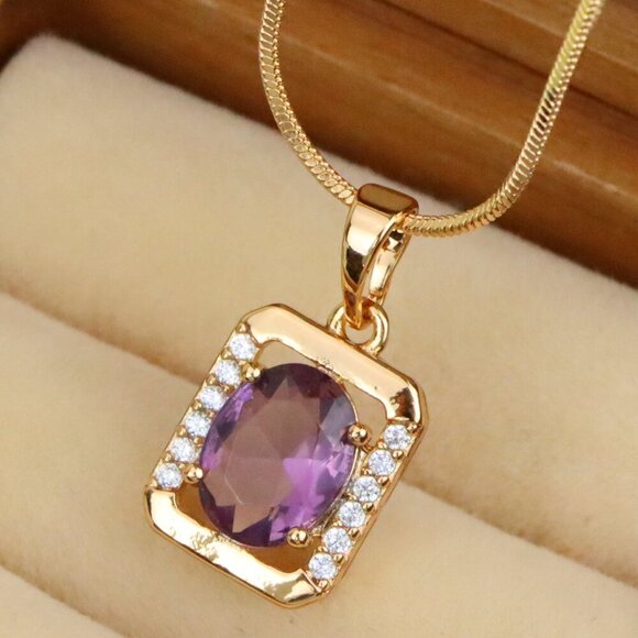"Rectangular Rose Gold Pendant with Purple Stone and Crystal Accents, XPPT1513 - Picture 1 of 12